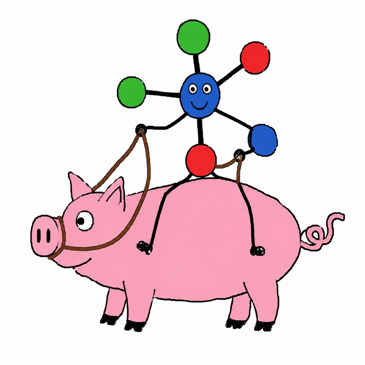 A deliberately crude Paint-style drawing of a colorful ball-and-stick molecule riding a pink pig.